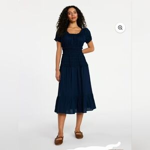 Time and Tru Navy Smocked Midi Dress with Puff Sleeves XXL NWT